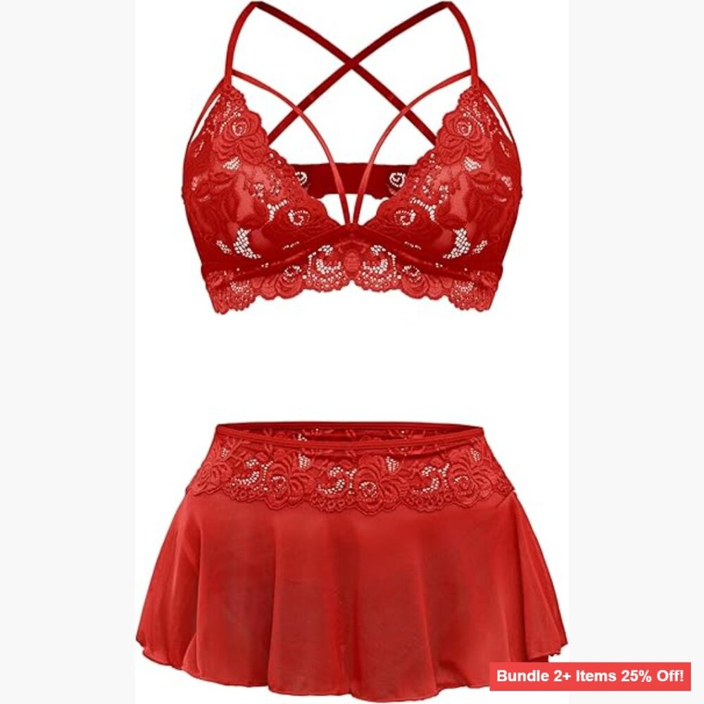3 Piece Lace Lingerie Set Bralette Mini Skirt G-String Medium